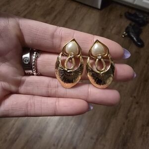 Gold Tone Pearl Teardrop Statement Earrings - Women Jewelry